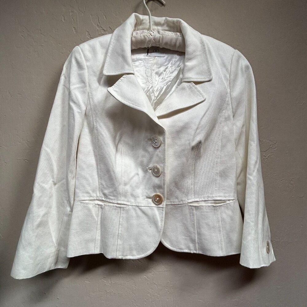 Sonia Bogner Women Size 10 Ivory Three Button Cotton Peplum Career Blazer Jacket